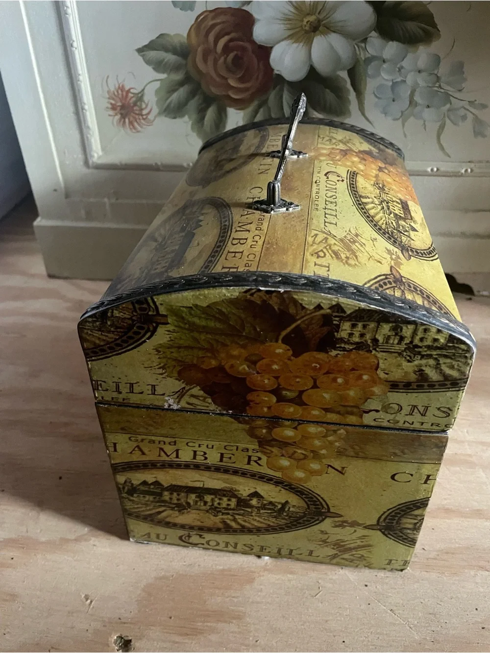 Vintage-Style Decorative Trinket Chest in Yellow with Red Grape Motif